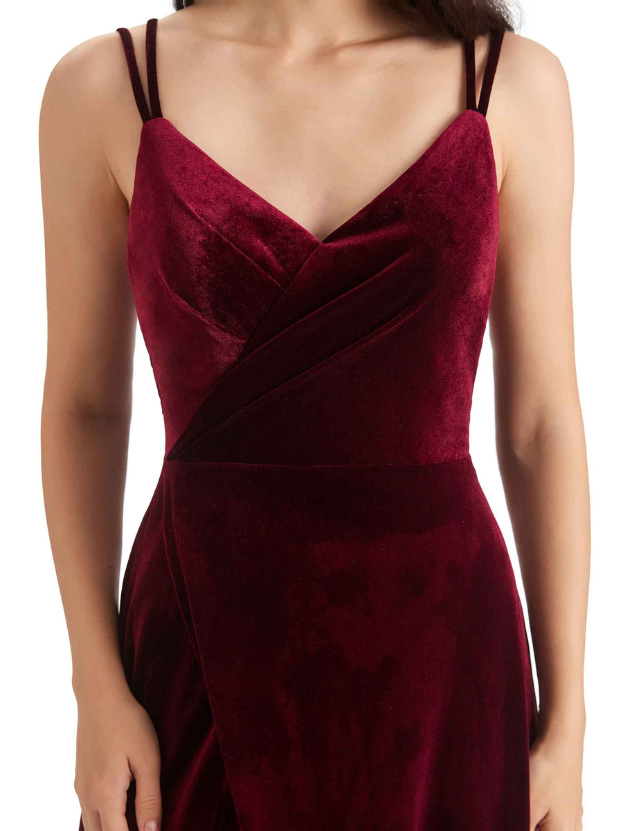 Sexy Open Back Side Slit Spaghetti Straps Velvet Long Bridesmaid Dresses Online