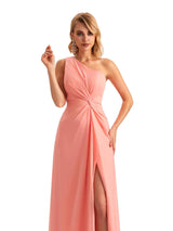Elegant Side Slit Chiffon One Shoulder A-line Long Mother of the Brides Dresses