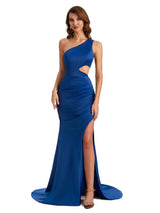 Sexy Mermaid One Shoulder Side Slit Silky Satin Unique Long Bridesmaid Dress For Wedding