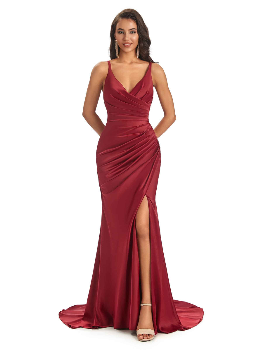 Sexy Satin Spaghetti Straps V-neck Long Mermaid Prom Dresses With Slit Online