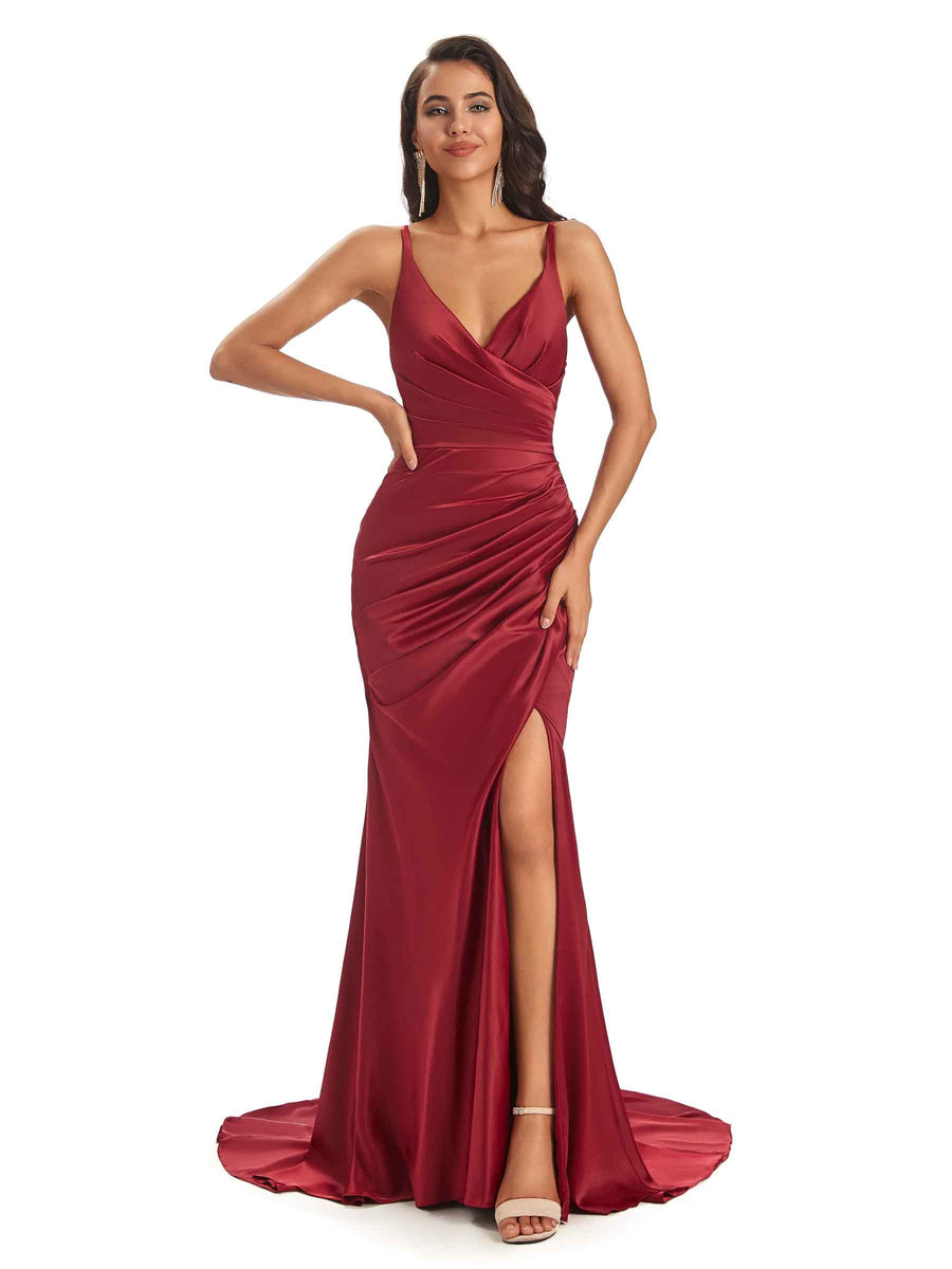 Sexy Satin Spaghetti Straps V-neck Long Mermaid Prom Dresses With Slit Online