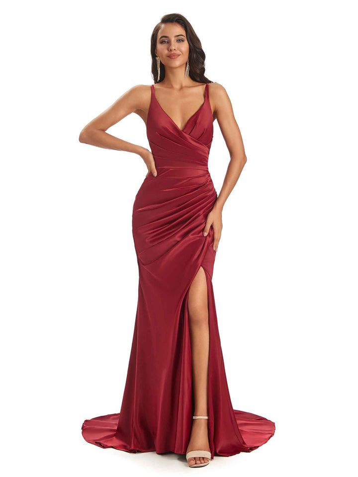 Soft Satin Side Slit Spaghetti Straps V-neck Long Sexy Mermaid Bridesmaid Dresses