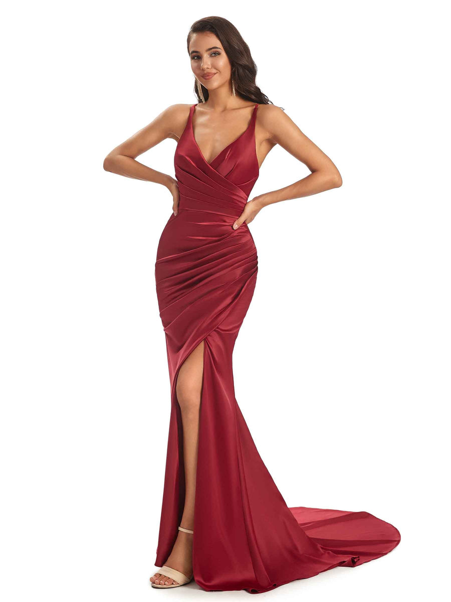 Women Ruched Satin Long Sexy Mermaid Formal Evening Dresses Side Slit Spaghetti Straps
