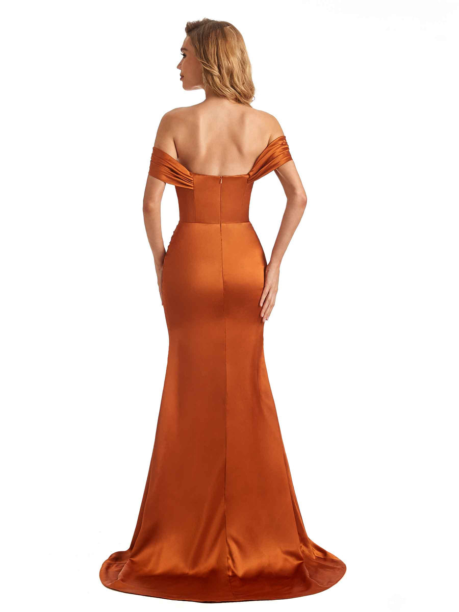 Sexy Side Slit Mermaid Off The Shoulder V-neck Maxi Soft Satin Long Bridesmaid Dresses