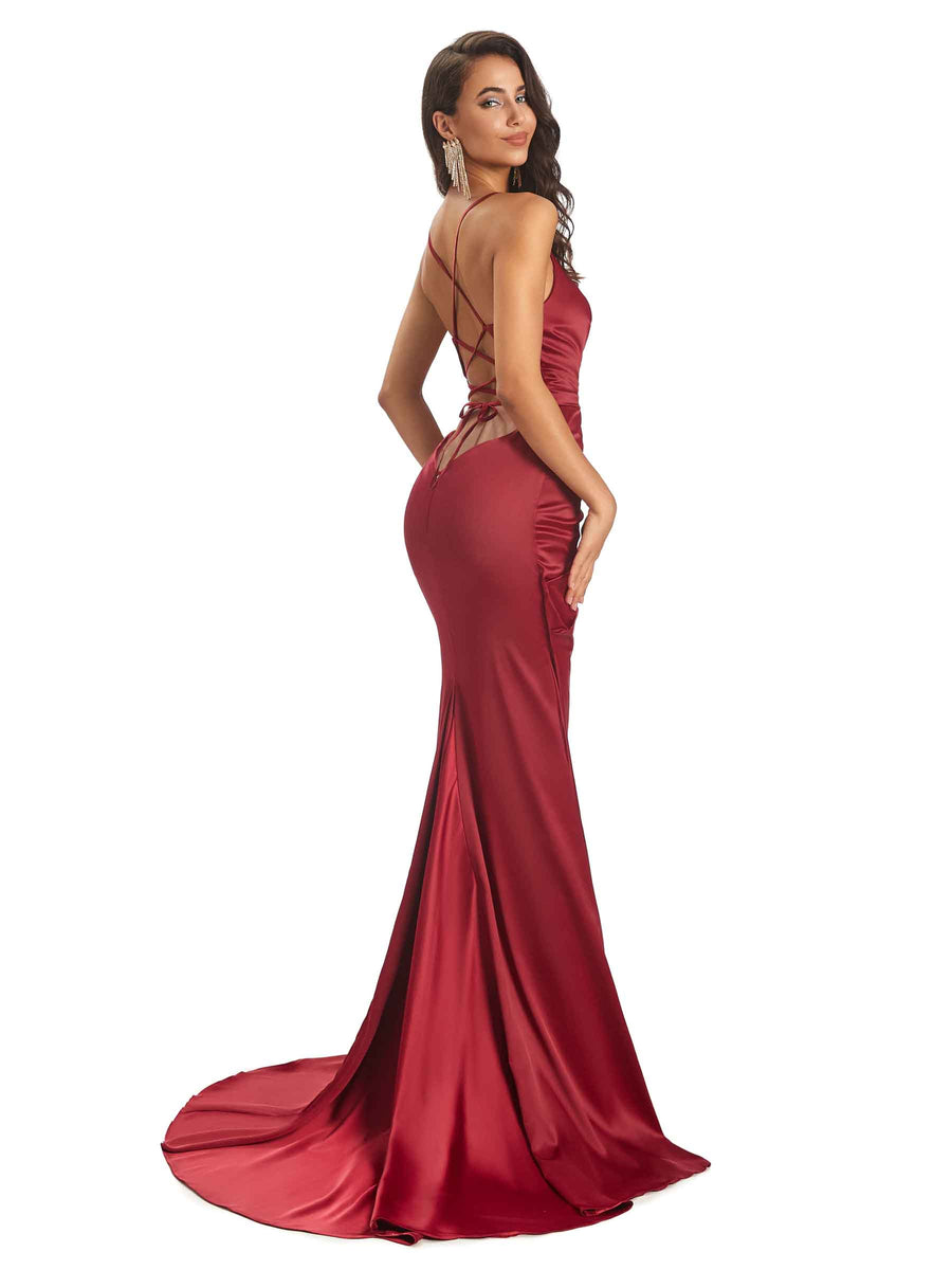 Soft Satin Side Slit Spaghetti Straps V-neck Long Sexy Mermaid Bridesmaid Dresses