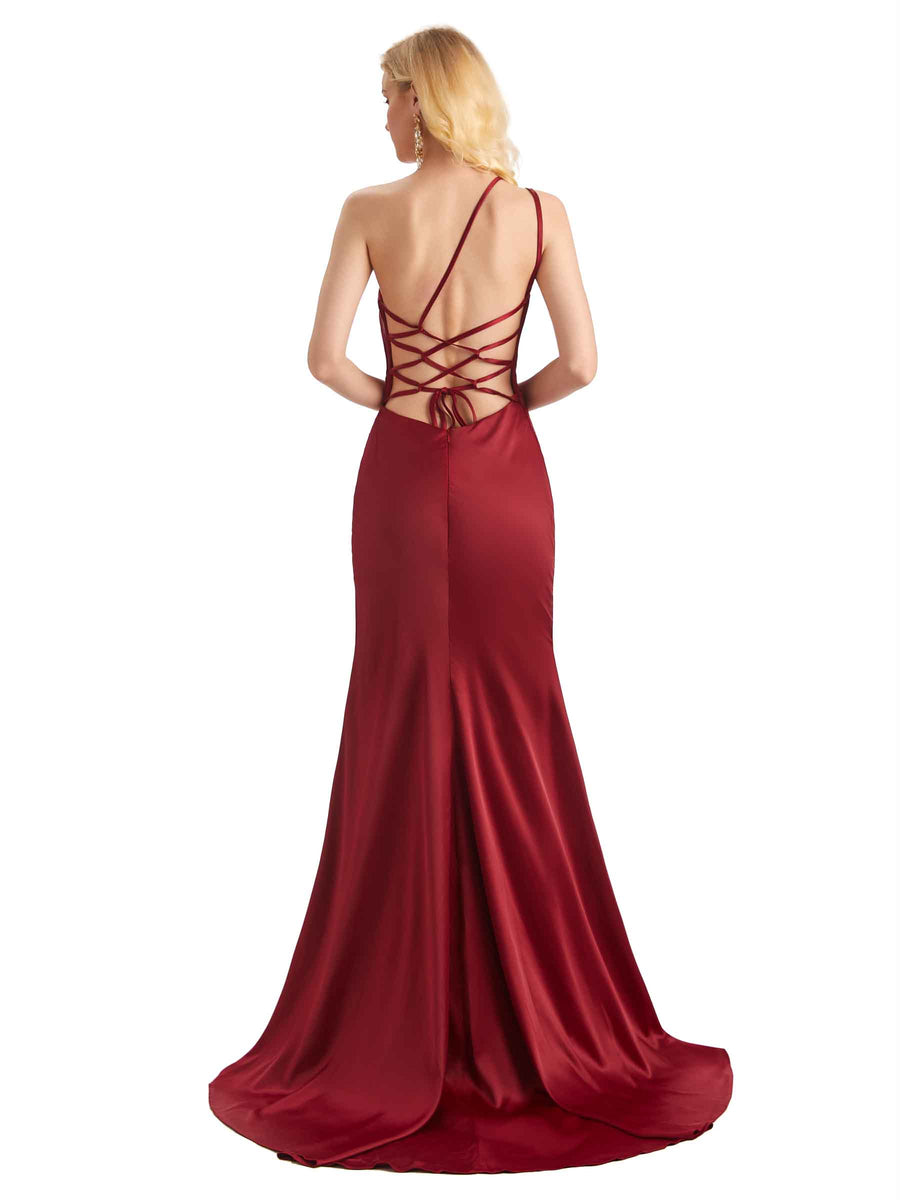 Sexy Soft Satin Side Slit One Shoulder Long Mermaid Wedding Guest Dresses