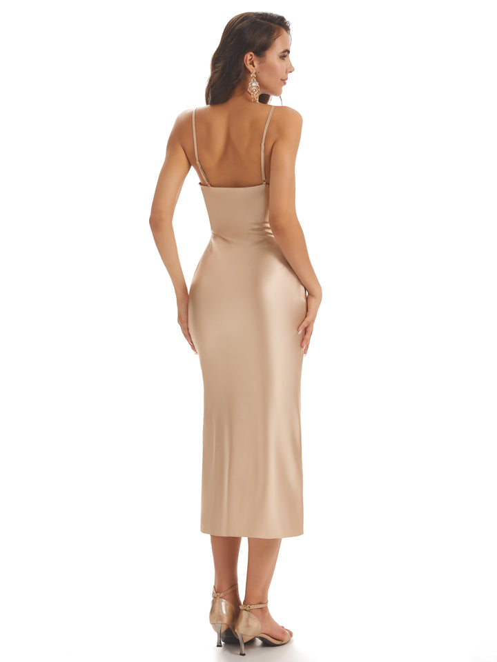Sexy Soft Satin Spaghetti Strap Tea-Length Midi Short Bridesmaid Dresses