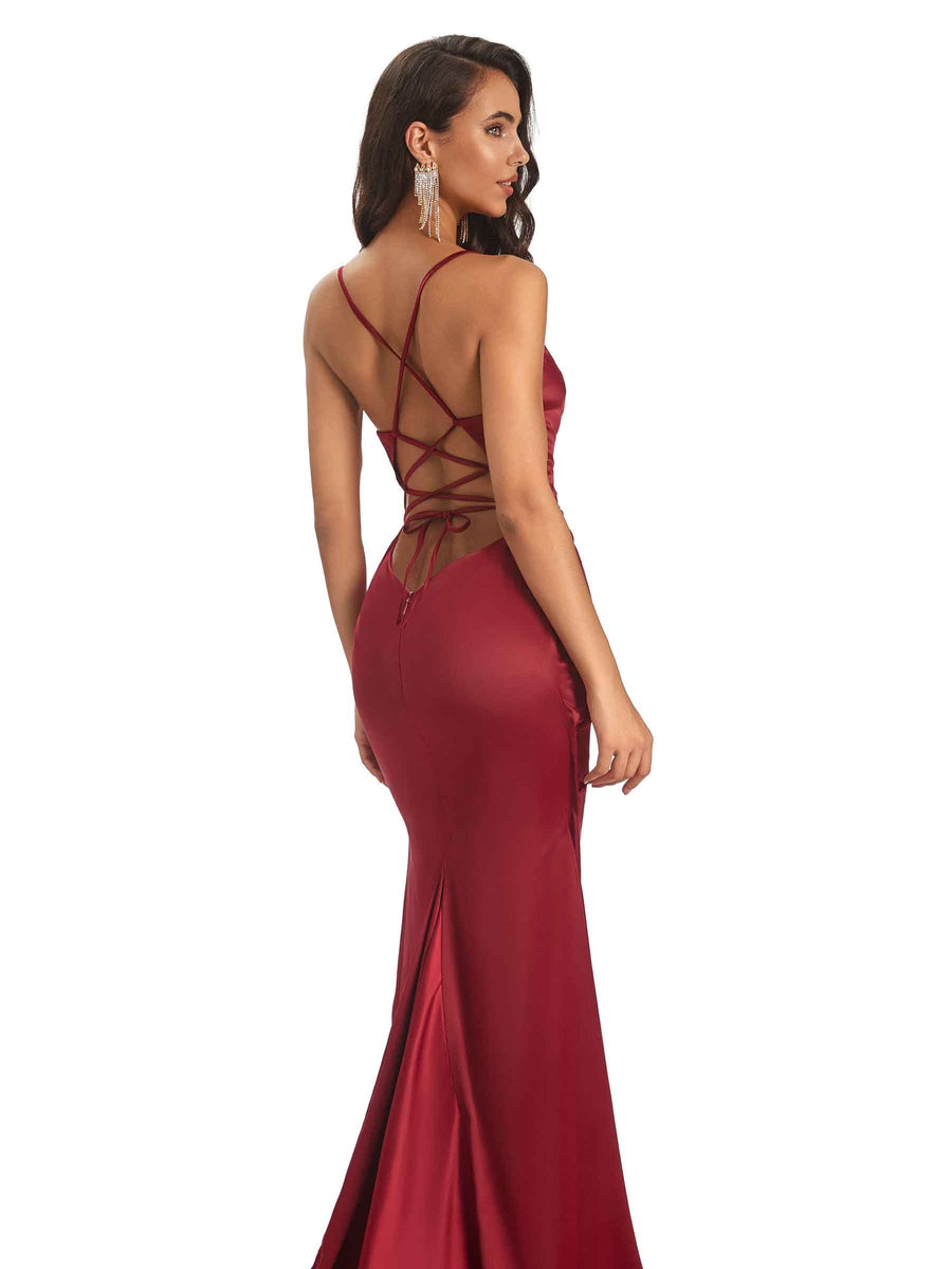 Women Ruched Satin Long Sexy Mermaid Formal Evening Dresses Side Slit Spaghetti Straps