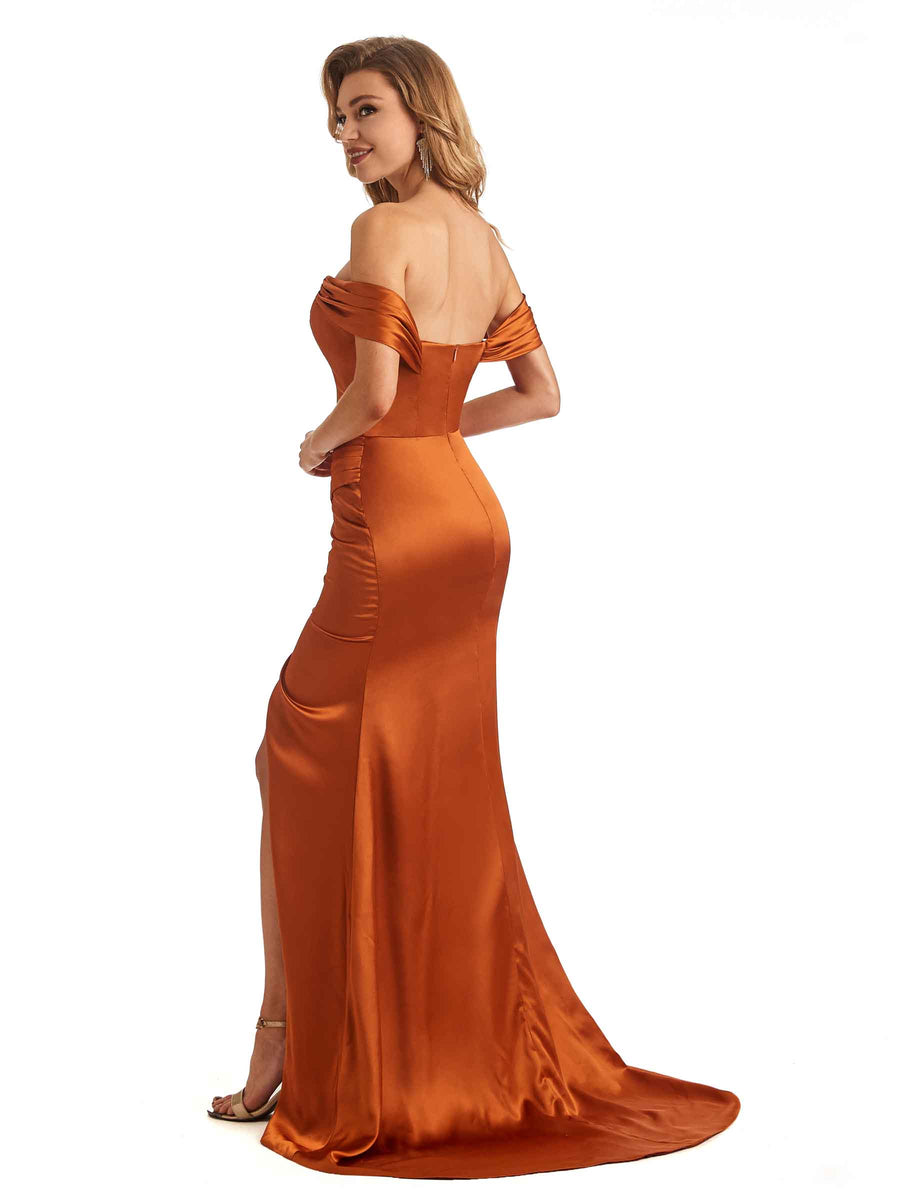 Sexy Side Slit Mermaid Off The Shoulder V-neck Maxi Soft Satin Long Bridesmaid Dresses