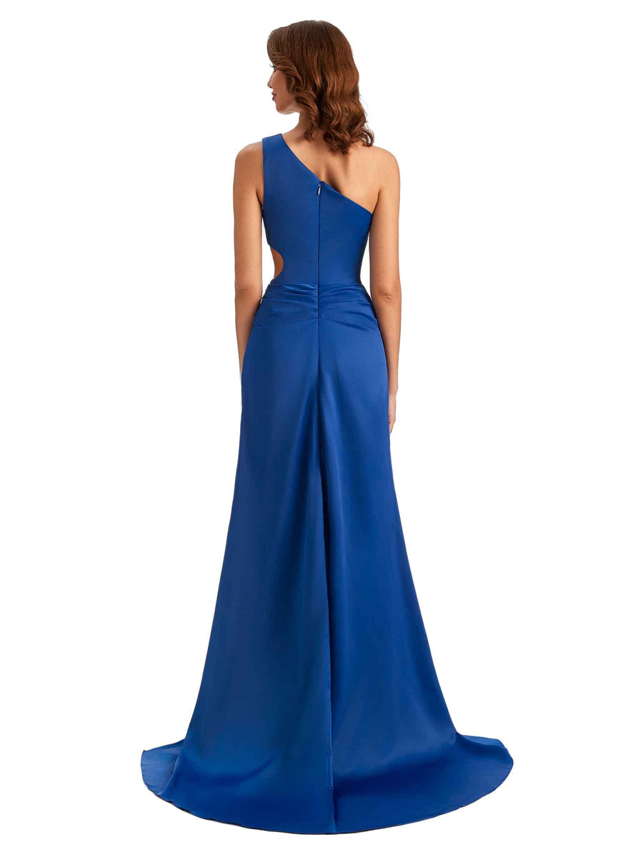 Sexy Mermaid One Shoulder Side Slit Silky Satin Unique Long Bridesmaid Dress For Wedding