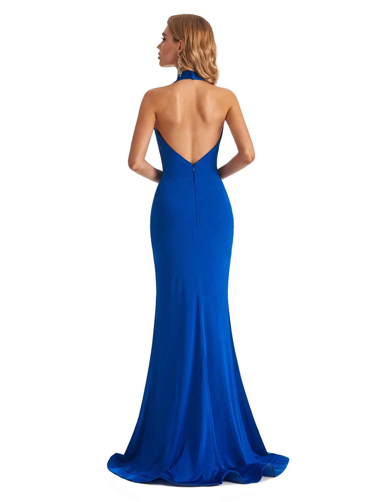 Sexy Mermaid Halter V-neck Side Slit Stretchy Jersey Long Formal Bridesmaid Dresses
