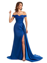 Sexy Off The Shoulder Mermaid Side Slit Silky Satin Long Bridesmaid Dress For Wedding
