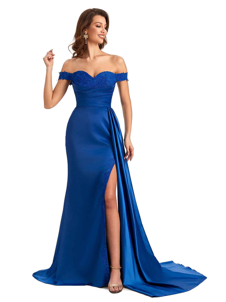 Sexy Off The Shoulder Mermaid Side Slit Silky Satin Long Bridesmaid Dress For Wedding