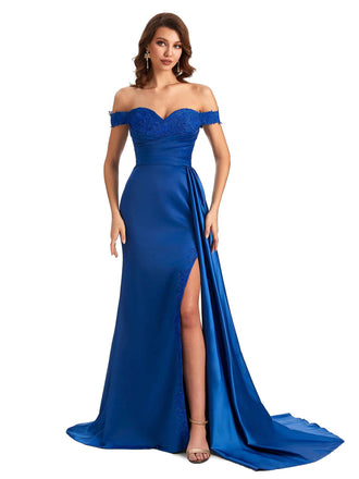 Sexy Off The Shoulder Mermaid Side Slit Silky Satin Long Bridesmaid Dress For Wedding
