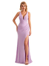 Sexy Side Slit Mermaid V-neck Stretchy Jersey Long Formal Bridesmaid Dresses