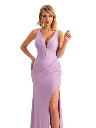 Sexy Side Slit Mermaid V-neck Stretchy Jersey Long Formal Bridesmaid Dresses