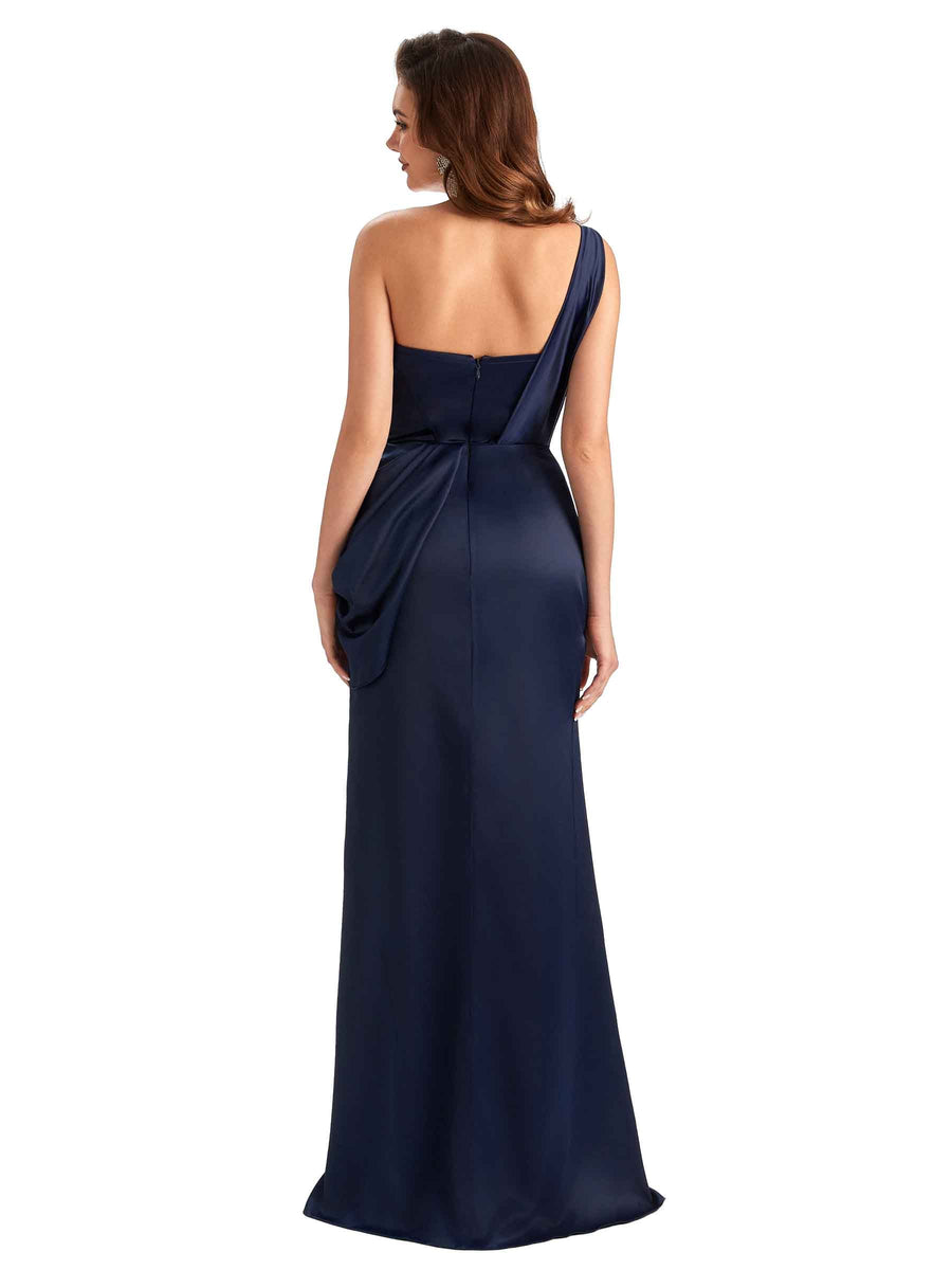 Sexy Mermaid Silky Satin Side Slit One Shoulder Unique Long Wedding Guest Dresses