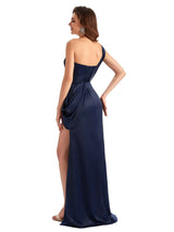 Sexy Mermaid Silky Satin Side Slit One Shoulder Unique Long Formal Evening Dresses