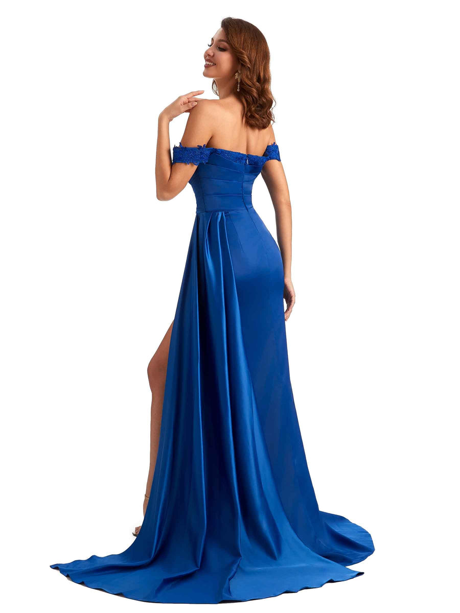 Sexy Off The Shoulder Mermaid Side Slit Silky Satin Long Bridesmaid Dress For Wedding