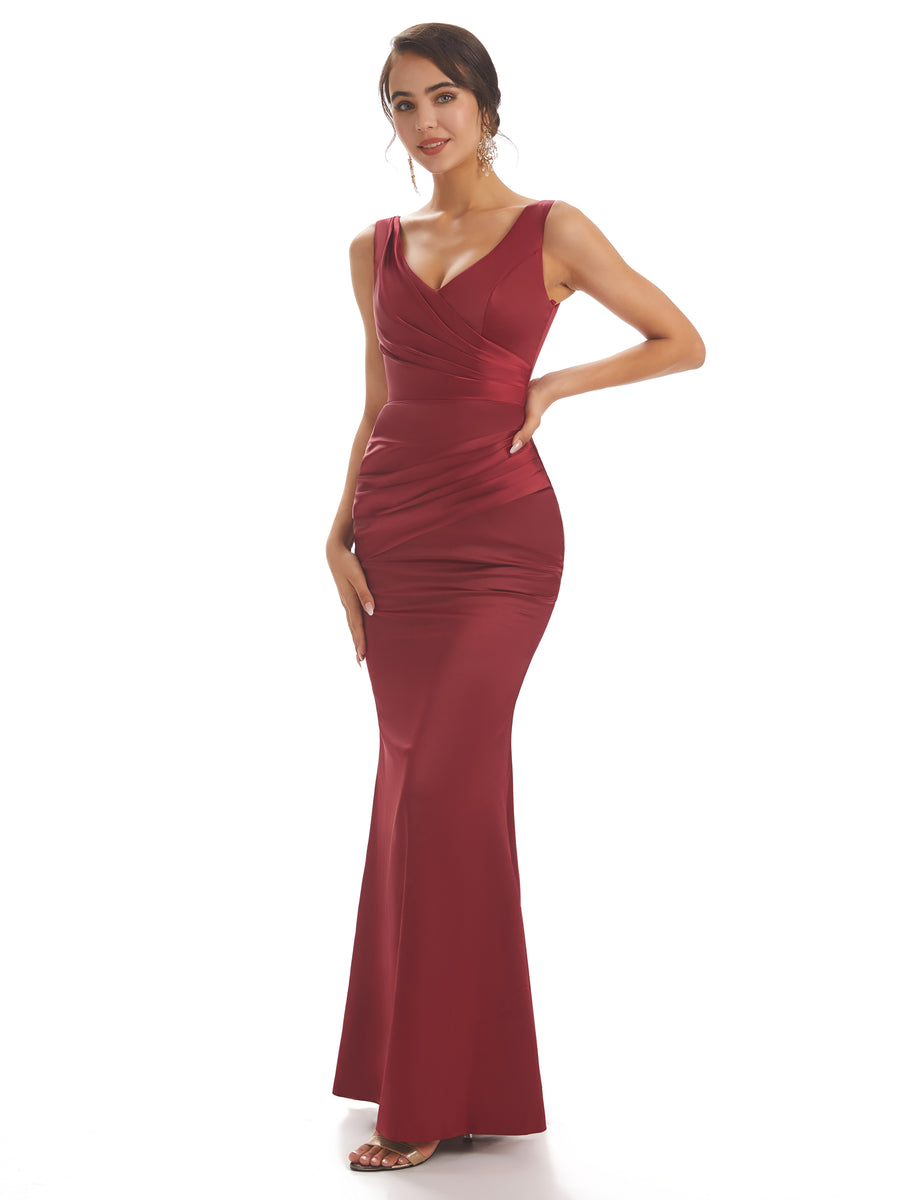 Sexy Soft Satin V-neck Floor-Length Long Unique Mermaid Bridesmaid Dresses