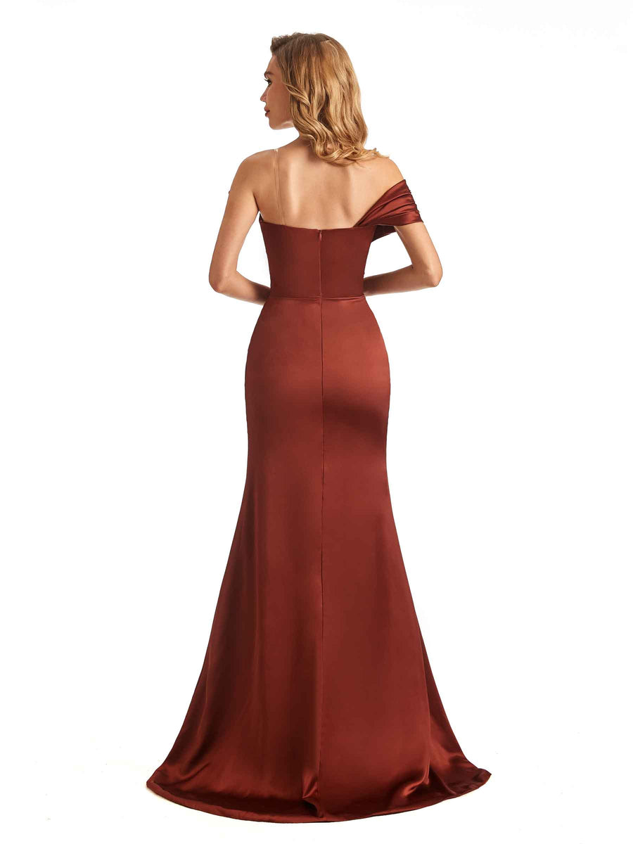 Elegant Soft Satin Mermaid One Shoulder V-neck Maxi Long Satin Formal Dresses