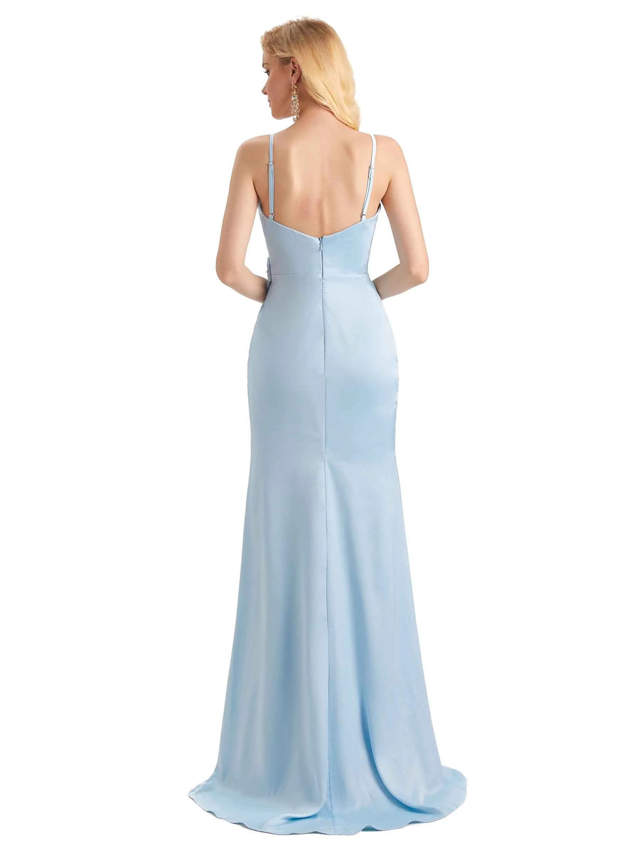 Sexy Side Slit Long Formal Mermaid Soft Satin Formal Prom Dresses