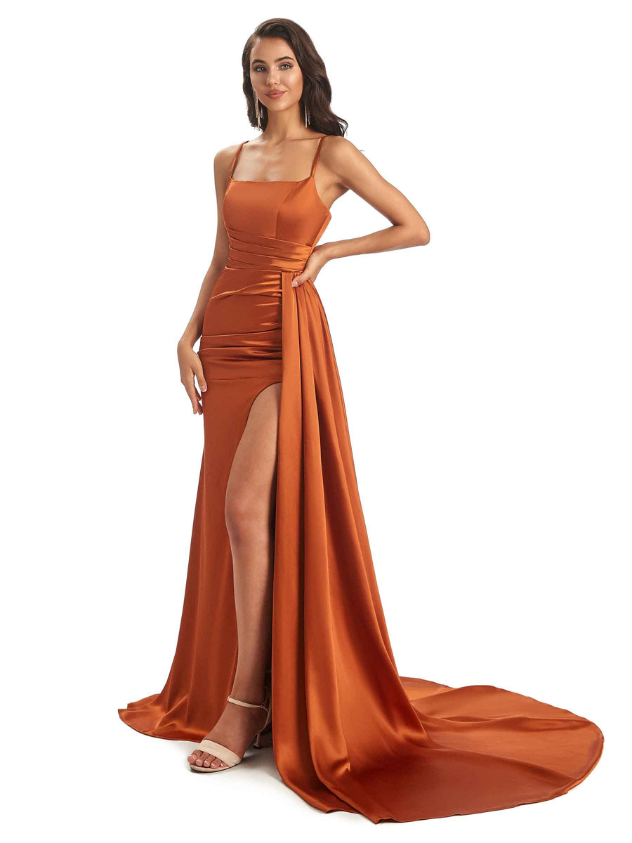 Sexy Soft Satin Side Slit Spaghetti Straps Long Mermaid Bridesmaid Dresses Online