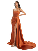 Sexy Side Slit Spaghetti Straps Satin Long Mermaid Bridesmaid Dresses Online