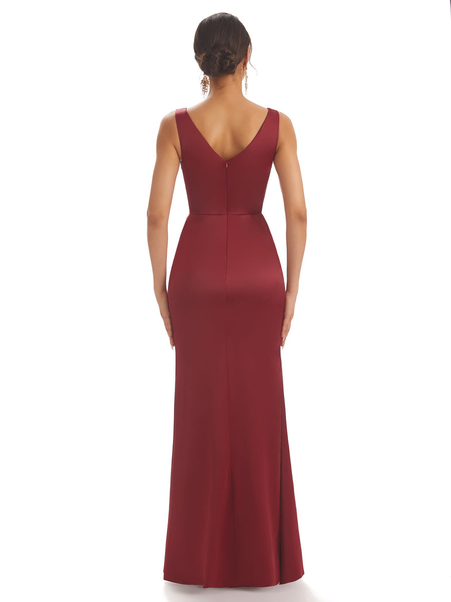 Sexy V-neck Silky Satin Maxi Long Mermaid Formal Prom Dresses Online Sale