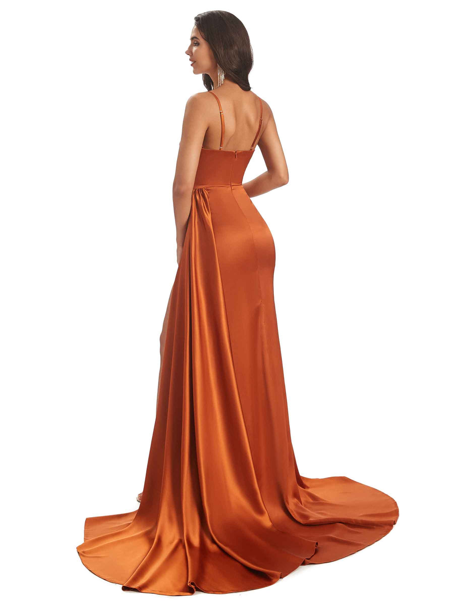 Sexy Soft Satin Side Slit Spaghetti Straps Long Mermaid Bridesmaid Dresses Online