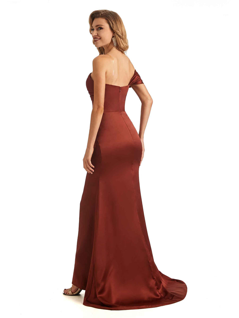 Elegant Soft Satin Mermaid One Shoulder V-neck Maxi Long Satin Formal Dresses