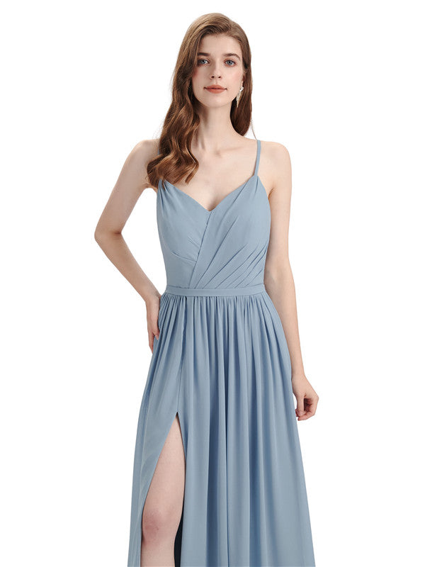 Spaghetti Straps A-line Chiffon Side Slit Long Bridesmaid Dresses