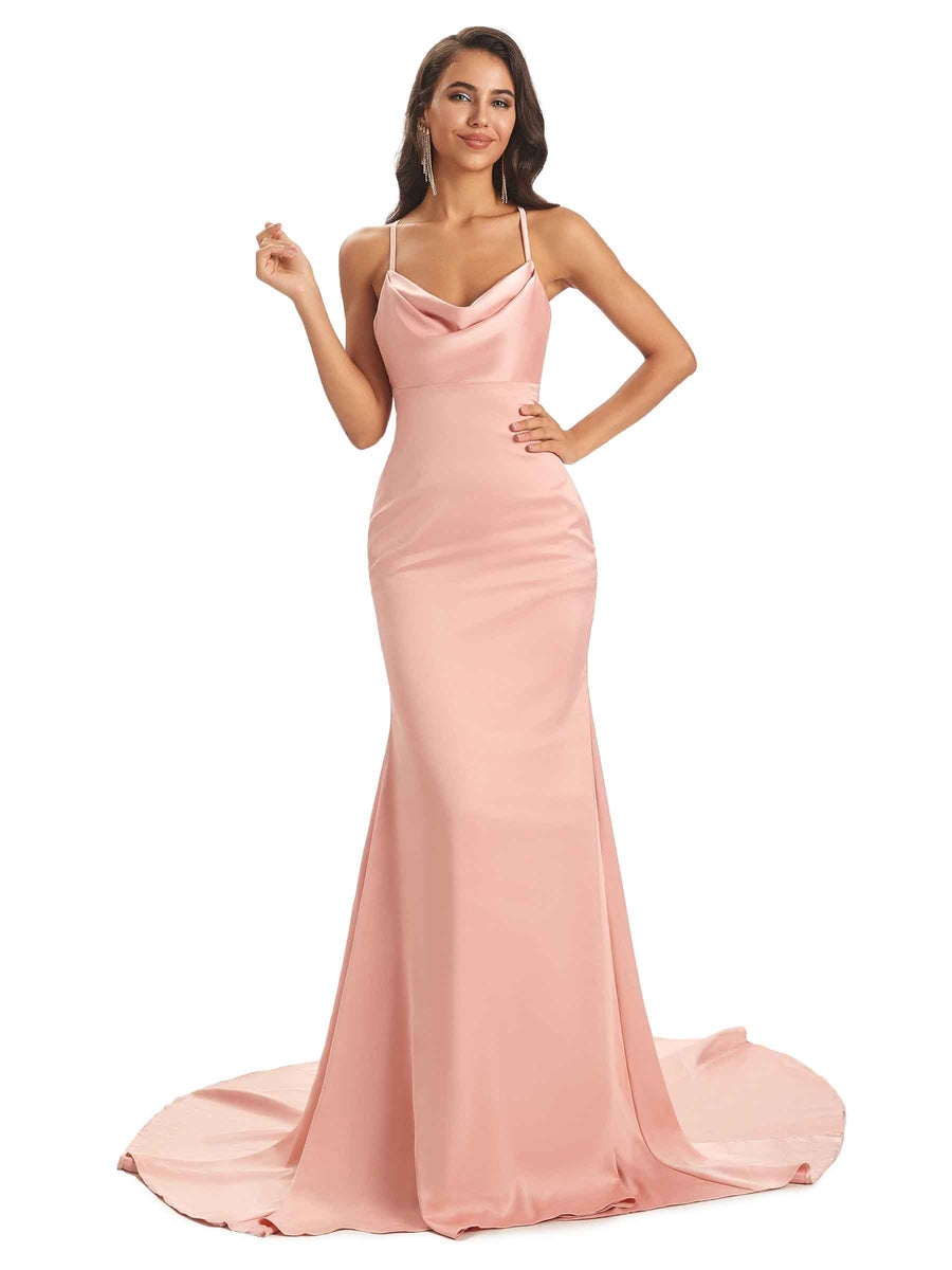 Elegant Satin Spaghetti Straps Cowl Long Mermaid Prom Dresses Online
