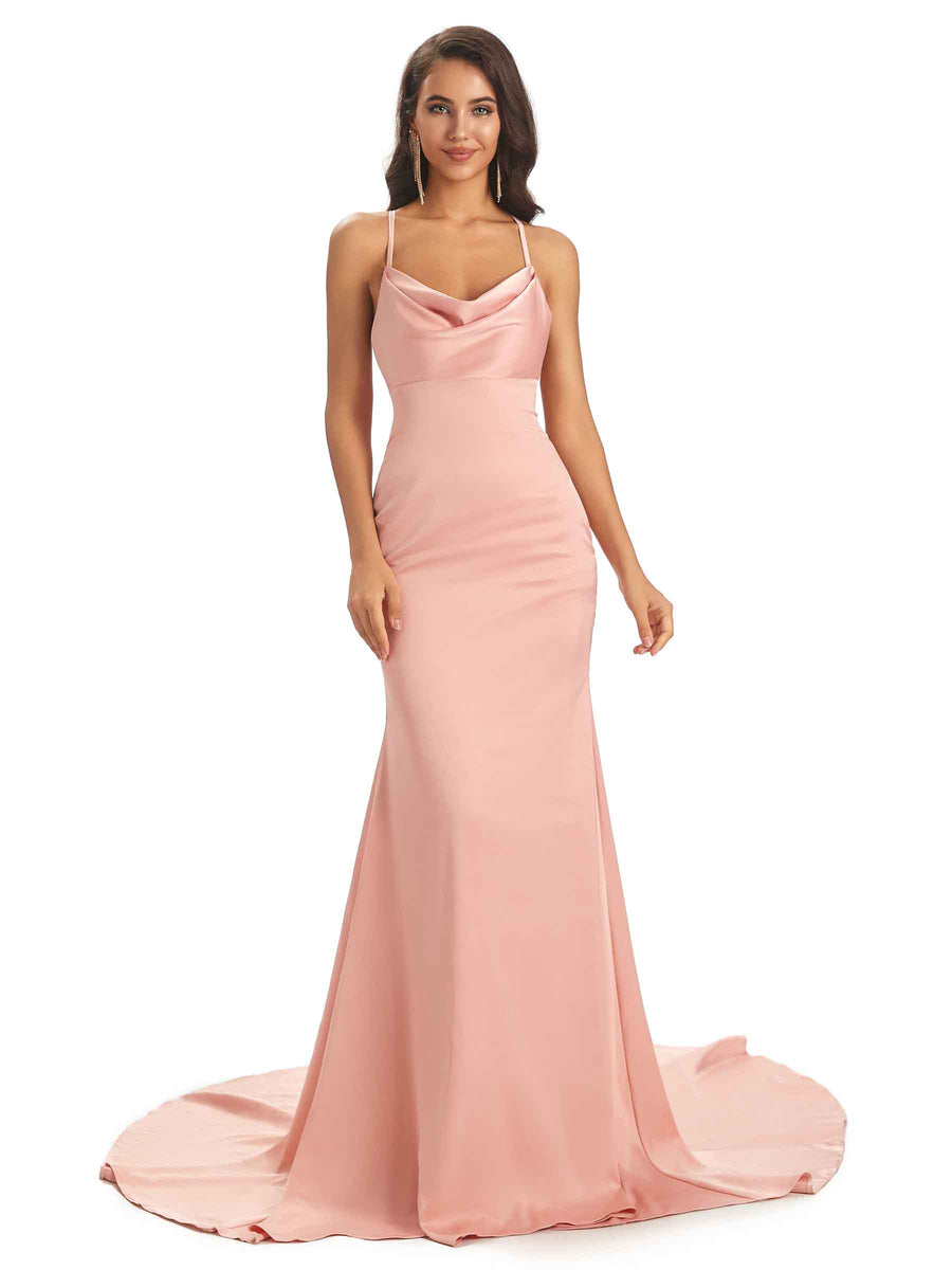 Elegant Soft Satin Spaghetti Straps Cowl Maxi Mermaid Bridesmaid Dresses Online