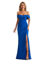 Sexy Mermaid Off The Shoulder Side Slit Stretchy Jersey Long Formal Wedding Guest Dresses