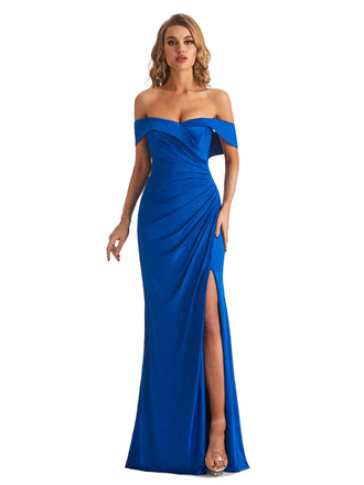 Sexy Mermaid Off The Shoulder Side Slit Stretchy Jersey Long Formal Bridesmaid Dresses
