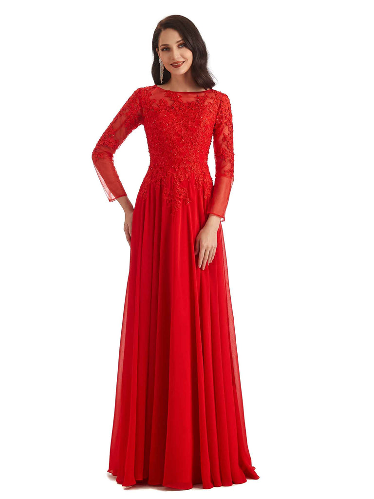 Elegant A-line Long Sleeves Lace Long Mother of The Bride Dresses