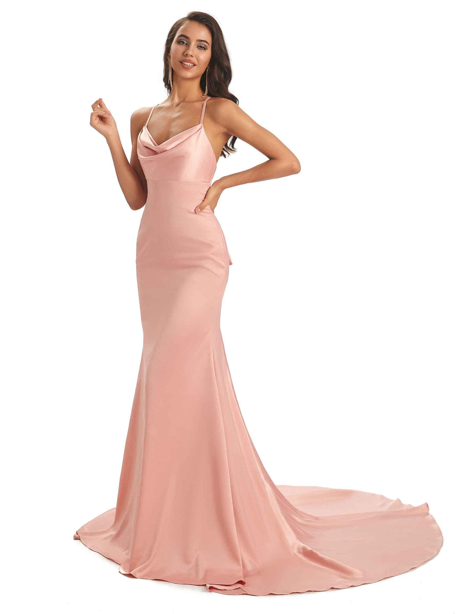 Elegant Soft Satin Spaghetti Straps Cowl Maxi Mermaid Bridesmaid Dresses Online