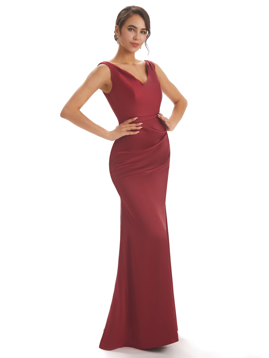 Sexy Simple V-neck Mermaid Soft Satin Long Maxi Prom Dresses Online