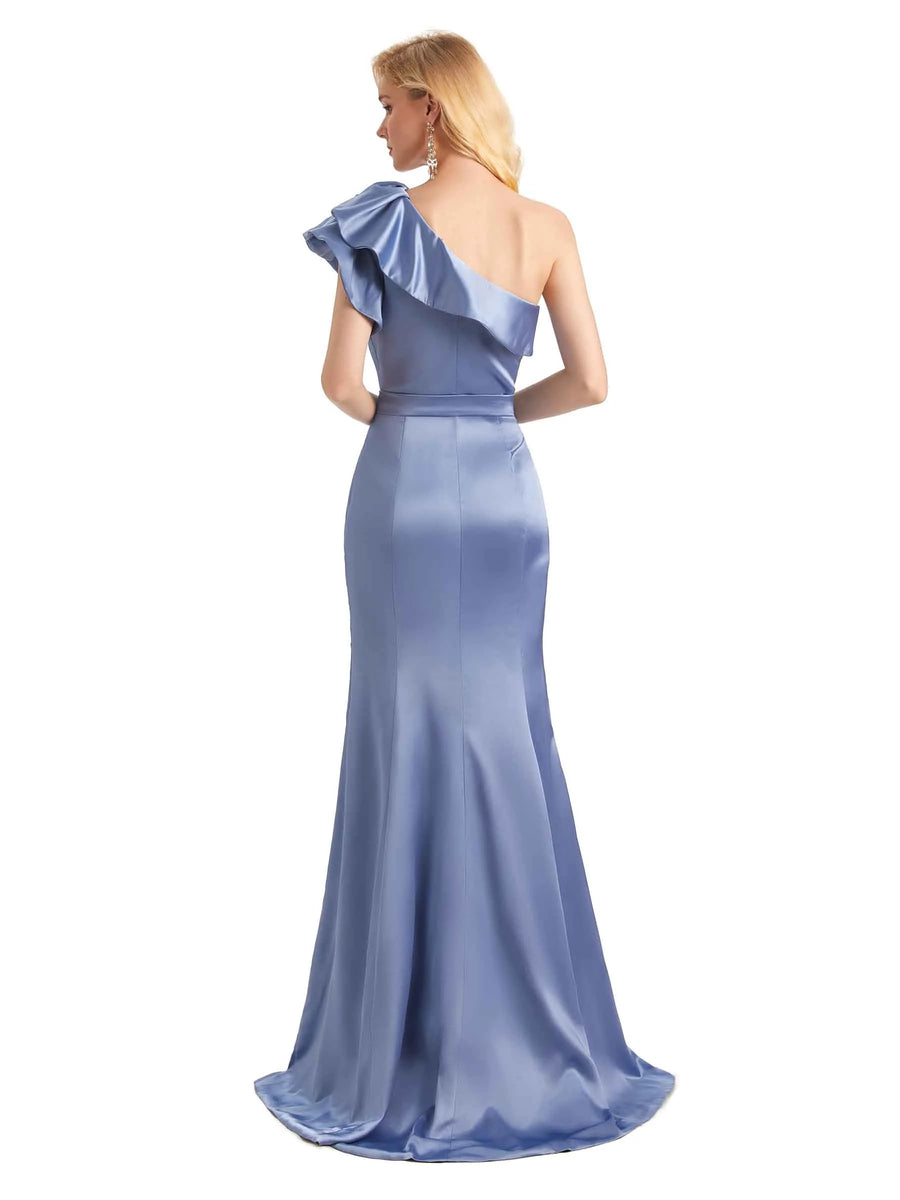 Unique Soft Satin One Shoulder Long Mermaid Evening Prom Dresses Online