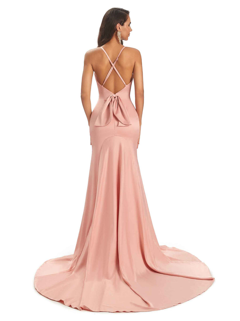 Elegant Soft Satin Spaghetti Straps Cowl Maxi Mermaid Bridesmaid Dresses Online