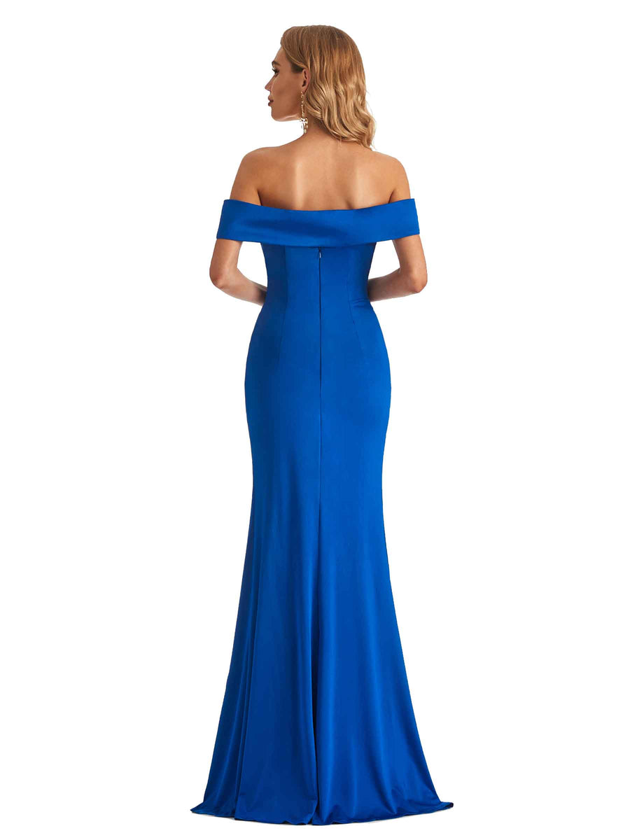 Sexy Mermaid Off The Shoulder Side Slit Stretchy Jersey Long Formal Bridesmaid Dresses