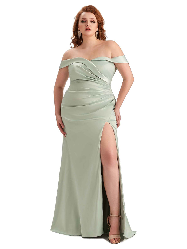 Plus Size Sexy Side Slit Off Shoulder Mermaid Soft Satin Long Bridesmaid Gowns For Wedding
