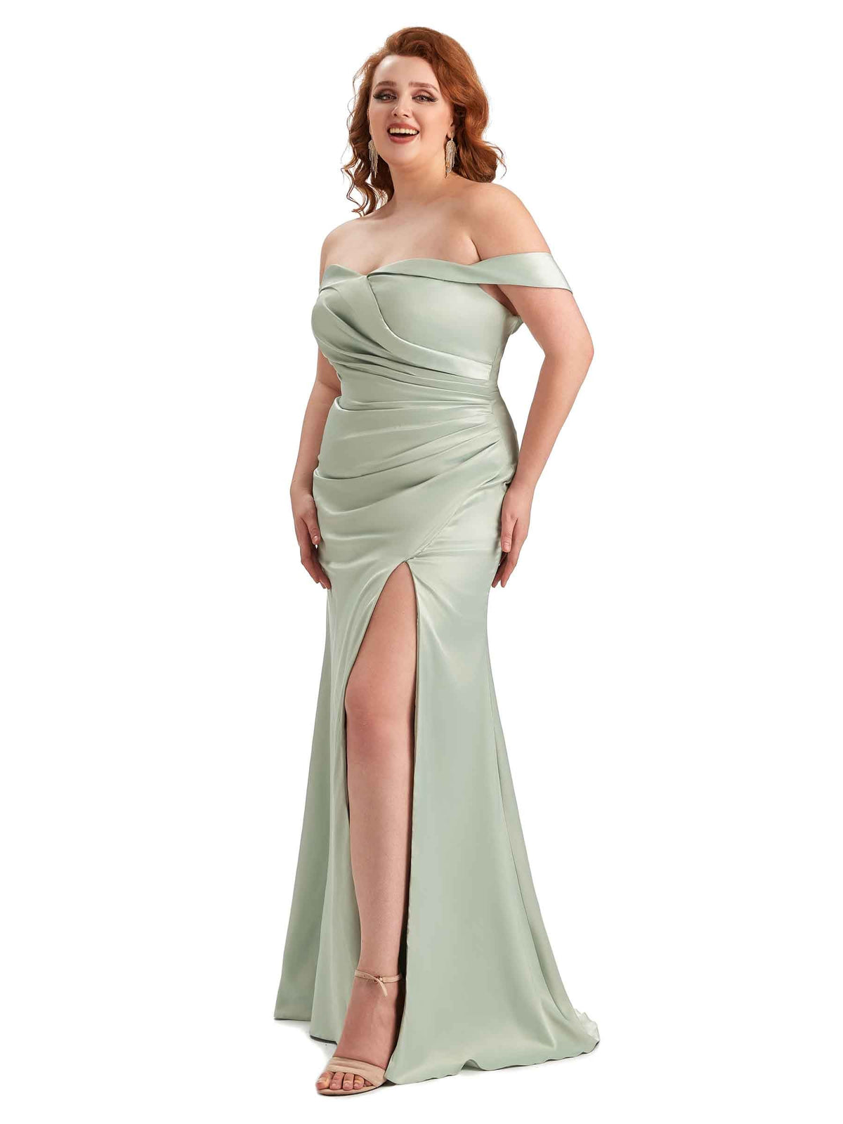Plus Size Sexy Side Slit Off Shoulder Mermaid Soft Satin Long Bridesmaid Gowns For Wedding