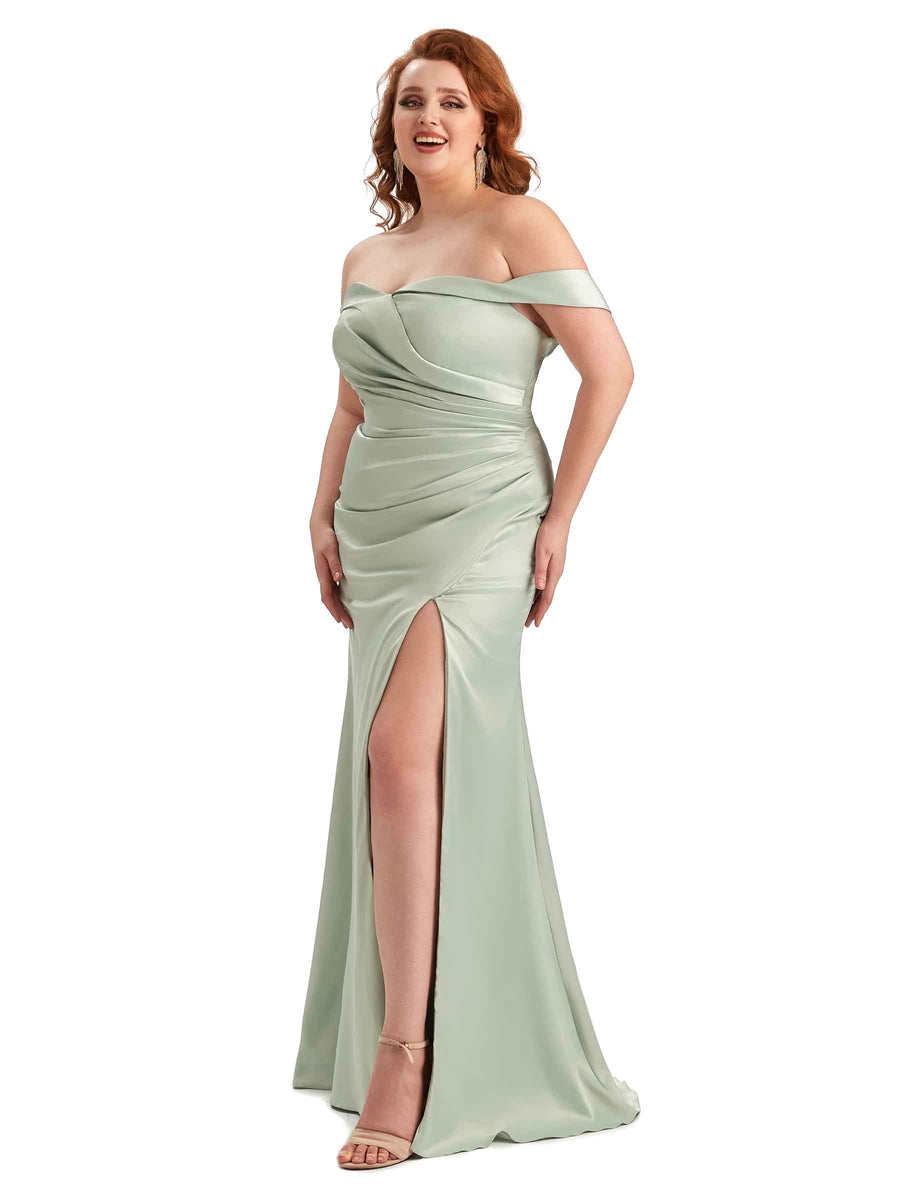 Plus Size Sexy Side Slit Off Shoulder Mermaid Soft Satin Long Bridesmaid Gowns For Wedding