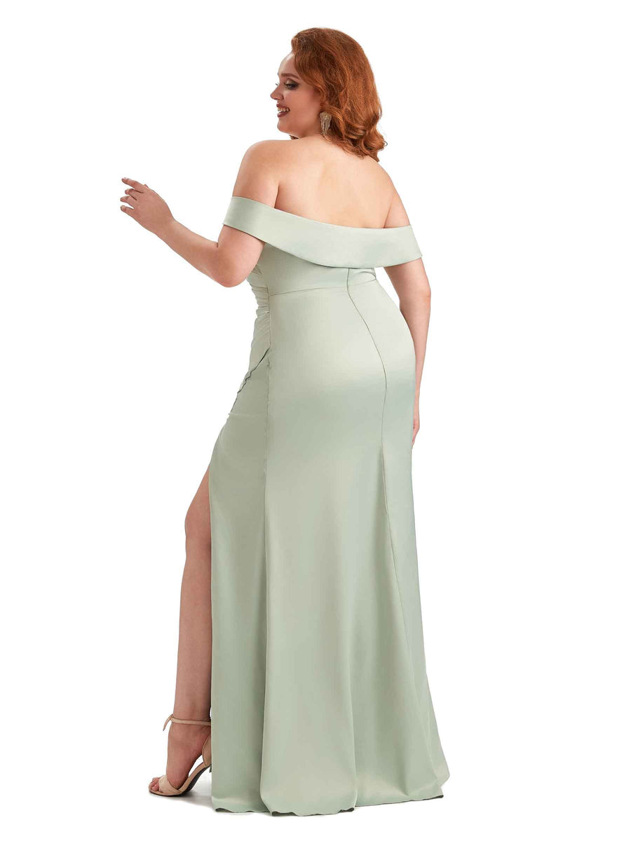 Plus Size Sexy Side Slit Off Shoulder Mermaid Soft Satin Long Bridesmaid Gowns For Wedding
