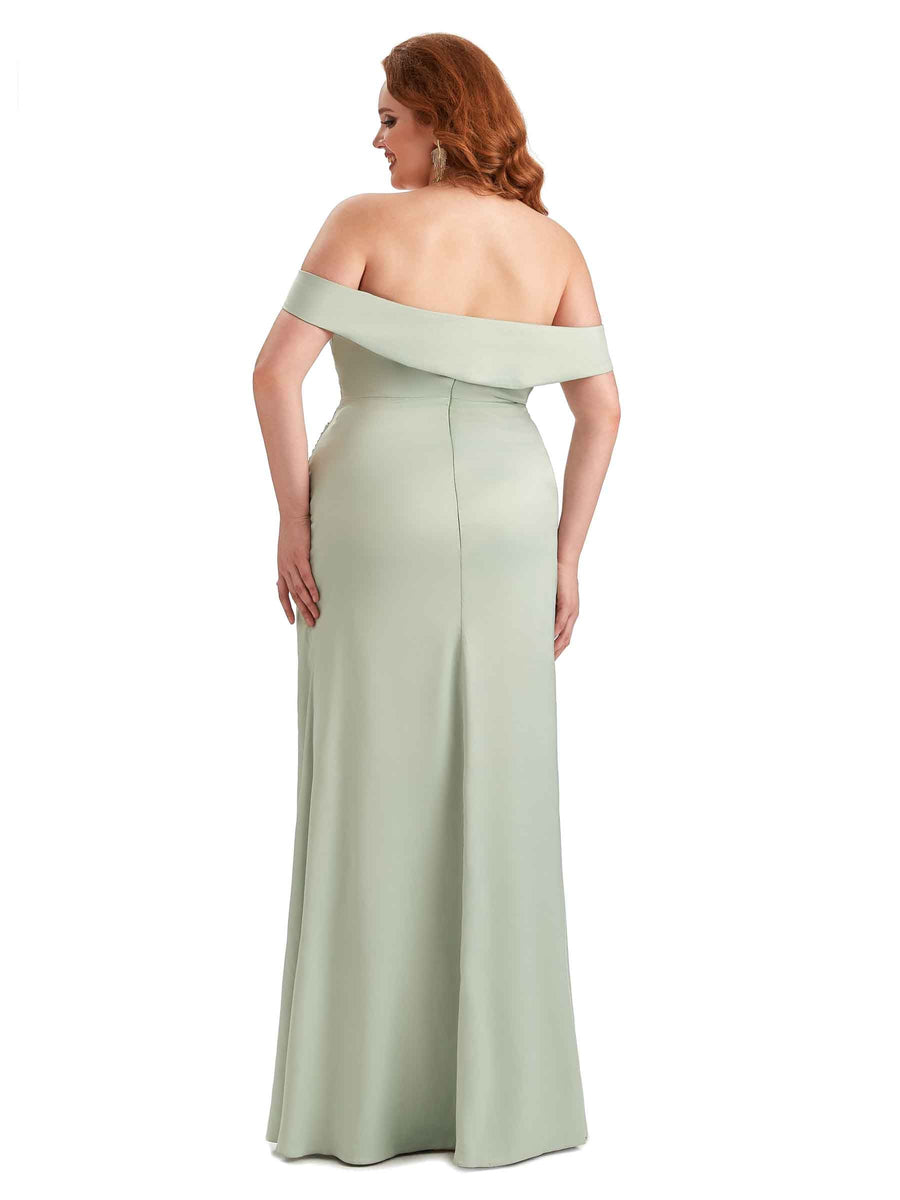 Plus Size Sexy Side Slit Off Shoulder Mermaid Soft Satin Long Bridesmaid Gowns For Wedding