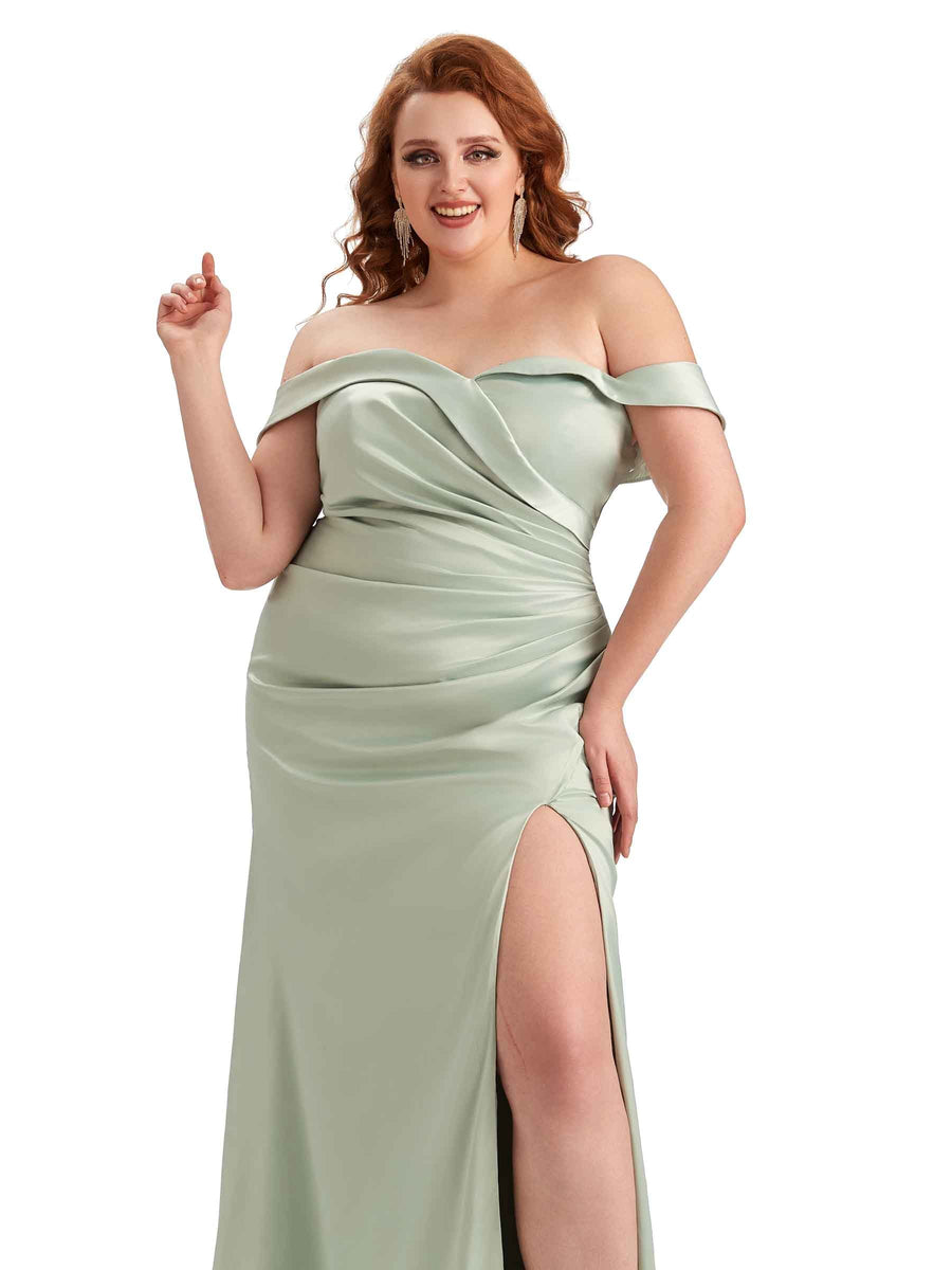 Plus Size Sexy Side Slit Off Shoulder Mermaid Soft Satin Long Bridesmaid Gowns For Wedding
