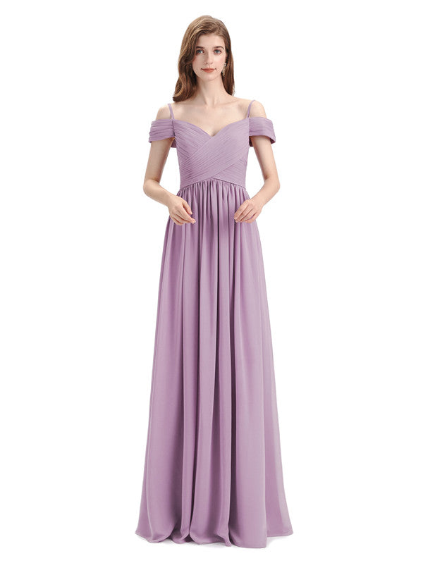Simple A-line Chiffon Cold Shoulder Long Bridesmaid Dresses