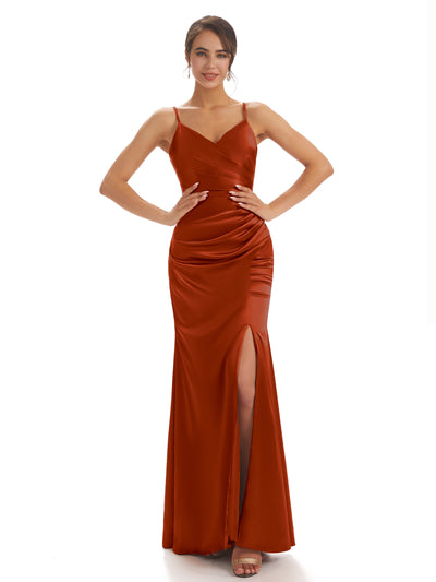 Sexy Spaghetti Straps Soft Satin Pleats Side Slit Mermaid Long Bridesmaid Dresses